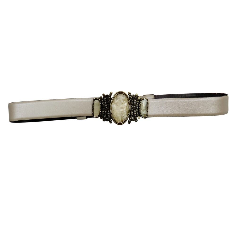 Vintage Chicos White Pearly Stone Buckle Champagne White Leather Belt Retro